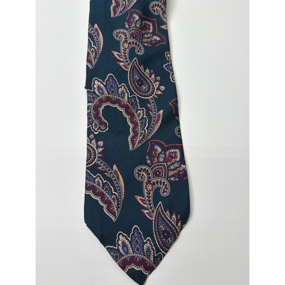 Christian Dior Monsieur Mens Teal Burgundy Paisley Floral Silk Necktie USA Made